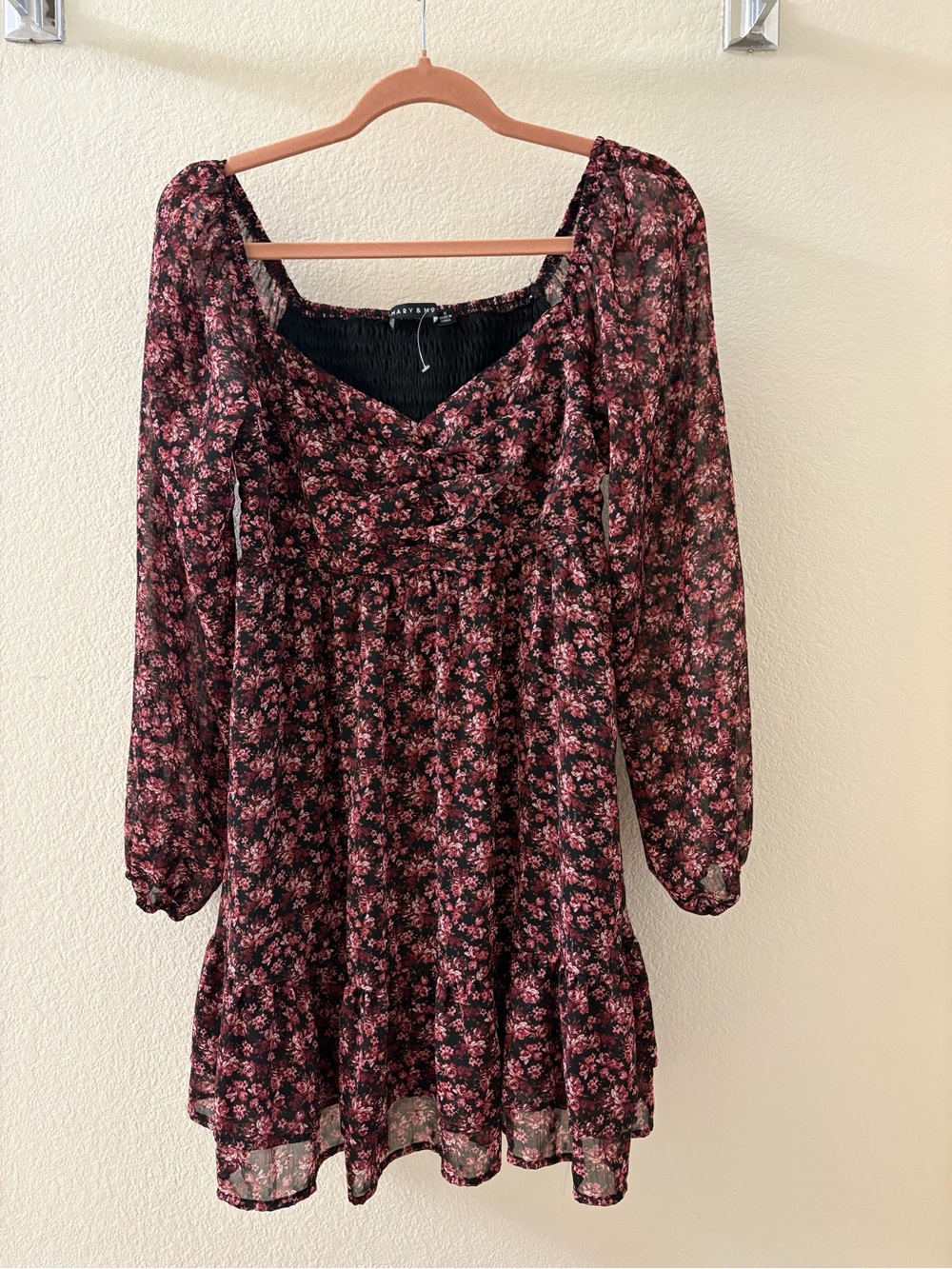 Burgundy and Black Floral Chiffon Dress